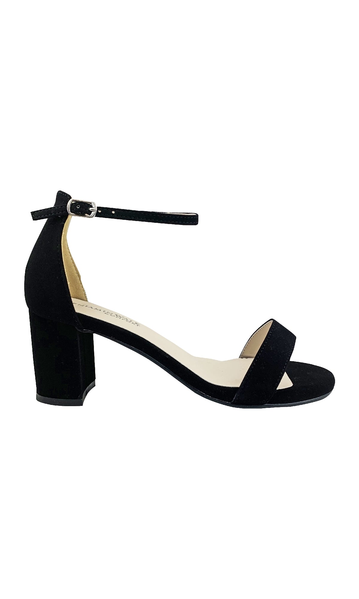 January Black Suede Prom Shoes: Dyeables 4369 feature open toes, block heels, a single front strap, and an adjustable ankle strap with buckle, shown on a white background.